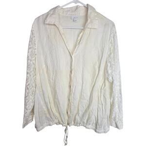 J. jill Womens Button Linen Shirt Sz 1X Ivory Coastal Grandma Euro Summer Beach